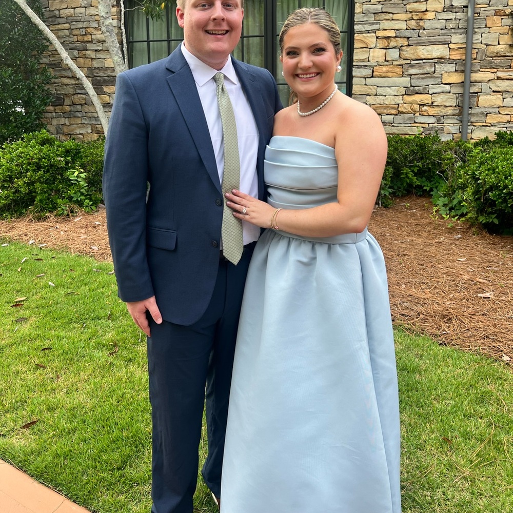 Amsale Light Blue Strapless Satin Ball Gown